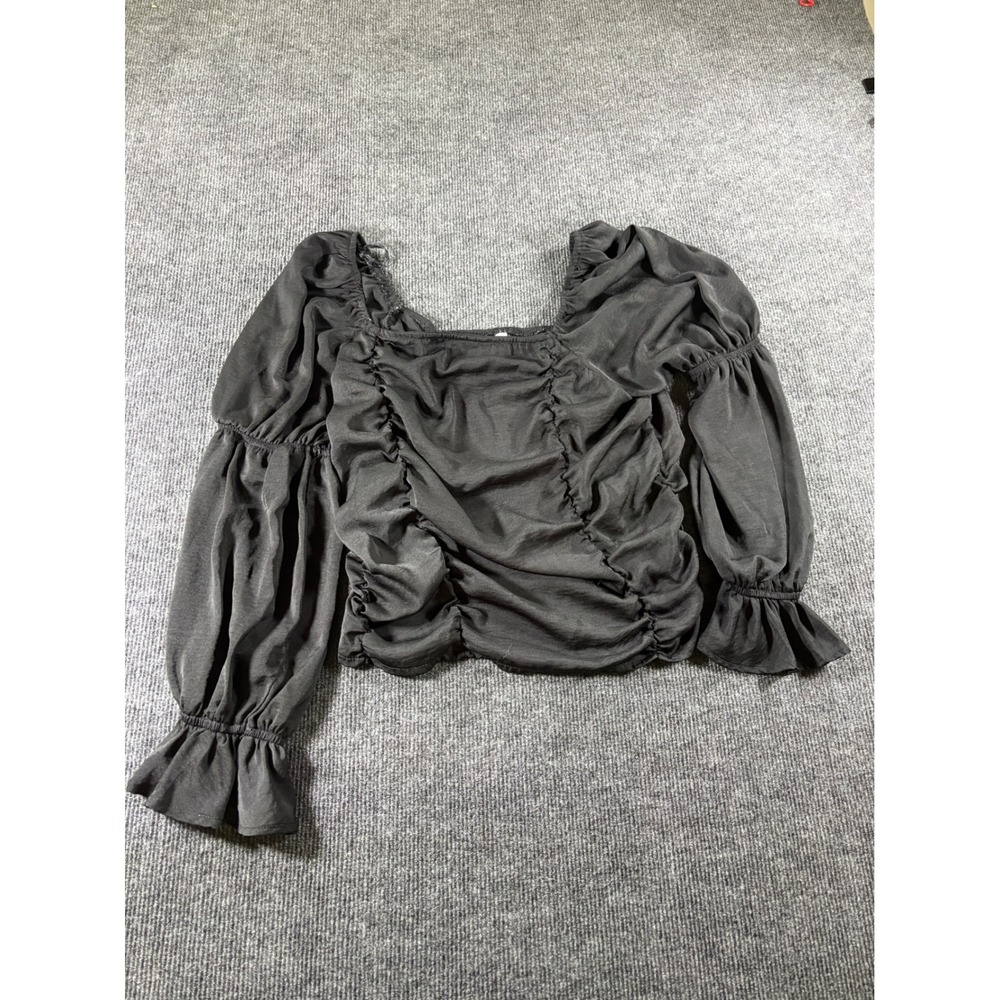 Glam Black Ruched Square Neck Puff‎ Sleeve Smocked Back Top Large